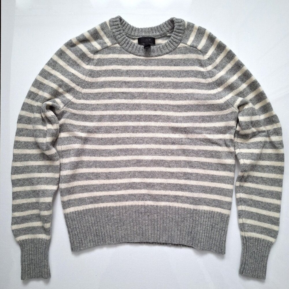 J Crew Grey and White Striped Wool Crewneck Sweater